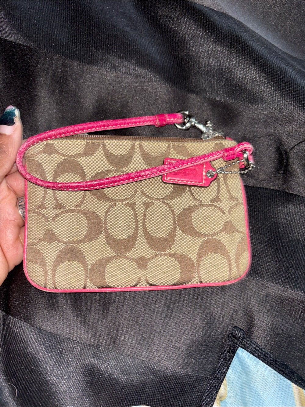 Coach Brown Signature Canvas Wristlet with Pink Leather Trim - Picture 2 of 7